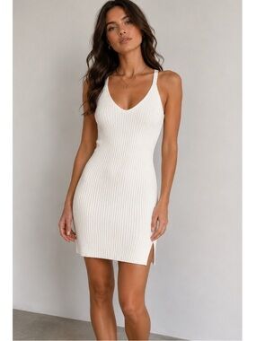 BCBGMaxAzria Cream Ribbed V-Neck Tank Dress